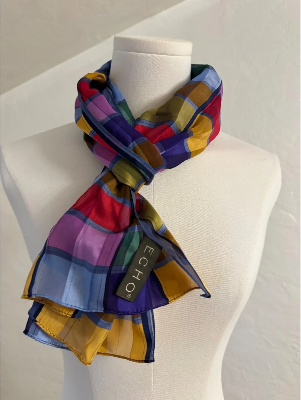 Vintage Echo 100% Silk Multicolor Plaid Long Scarf 60” x 10.5”